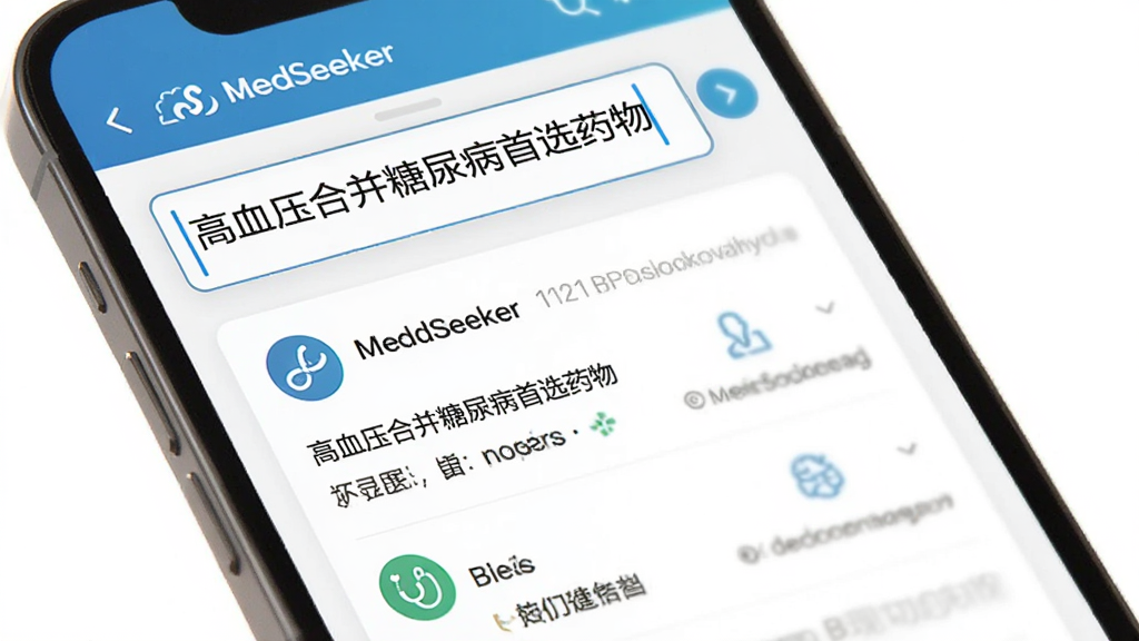 一个手机屏幕中显示MedSeeker的智能问答界面,用户输入框内写着“高血压合并糖尿病首选药物”,下方以卡片形式展示结构化的医学回答,背景为白色,配以蓝色和绿色的医学图标,整体风格清新专业,画质干净清晰