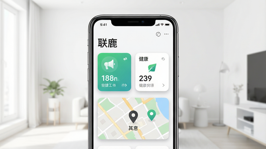 一张展示智能手机屏幕的图片,屏幕上显示着“联鹿”应用的首页界面,界面中有健康数据卡片和地图定位图标,背景是干净明亮的室内环境,主体是手机和屏幕内容,布局居中,风格现代简约,细节包括图标阴影和文字清晰,画质高清,干净,无多余元素