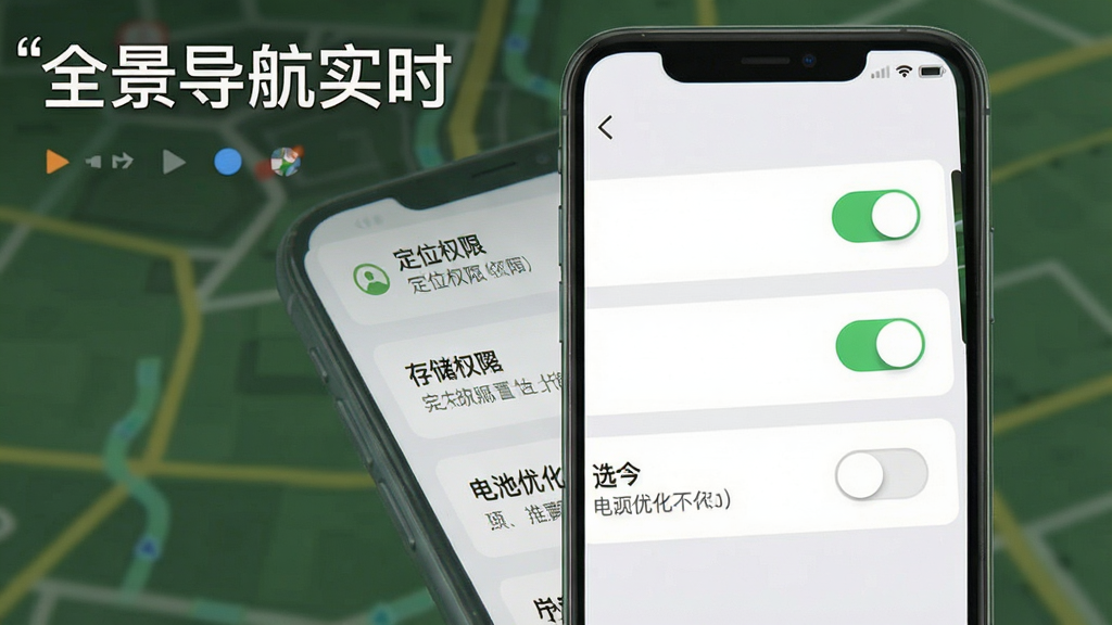 一张展示全景导航实时新手安装设置步骤的示意图,主体为手机屏幕显示权限设置界面,布局为纵向排列的权限选项列表,风格简洁明了,细节包括定位权限开关、存储权限开关、电池优化选项,画质清晰干净,画面中可出现文字“全景导航实时”