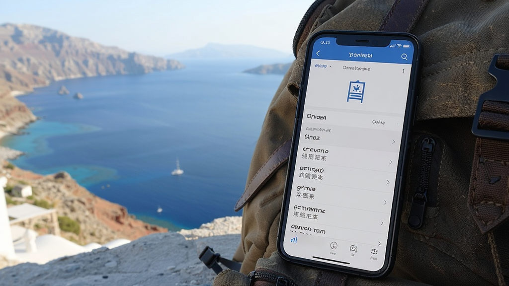 一部手机放在旅行背包旁,屏幕上显示希腊语翻译软件的离线模式界面,背景是希腊海边风景,画面中有离线图标和词库列表,风格写实摄影感,细节包括手机屏幕上的希腊语单词和中文释义,画质清晰干净,无多余元素