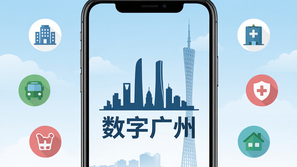 一部智能手机屏幕中央显示广州城市剪影与