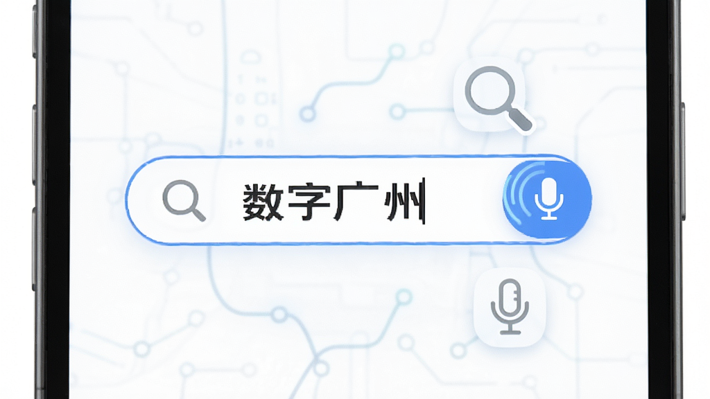 手机屏幕显示搜索框与语音波纹图标,搜索框内写着