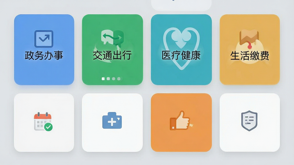 手机界面平铺展示多个功能卡片,卡片上分别标注