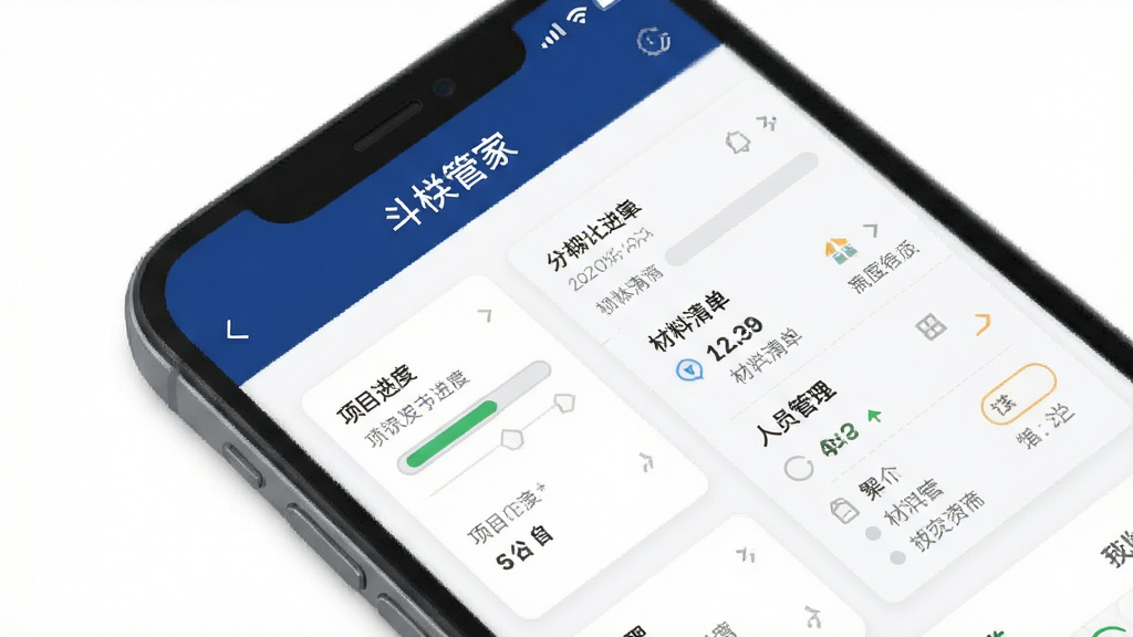 手机屏幕上显示斗拱管家软件界面,深蓝色顶部导航栏,白色背景,界面包含项目进度卡片、材料清单列表和人员管理模块,扁平化设计风格,细节清晰,画质干净,无多余元素