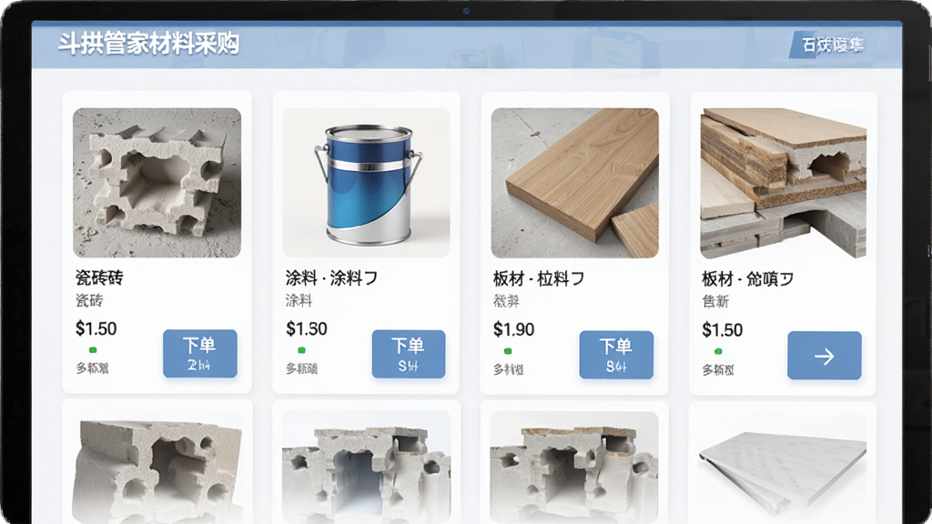 斗拱管家材料采购页面,展示瓷砖、涂料、板材等建筑材料列表,每项带有价格和下单按钮,界面清爽,主体突出,画质干净,无多余元素