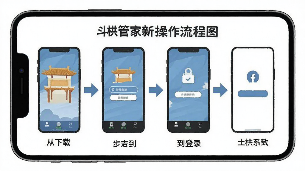 斗拱管家新手操作流程图,手机屏幕展示从下载到登录的四个步骤,带有箭头引导,简洁扁平风格,画质干净,无多余元素