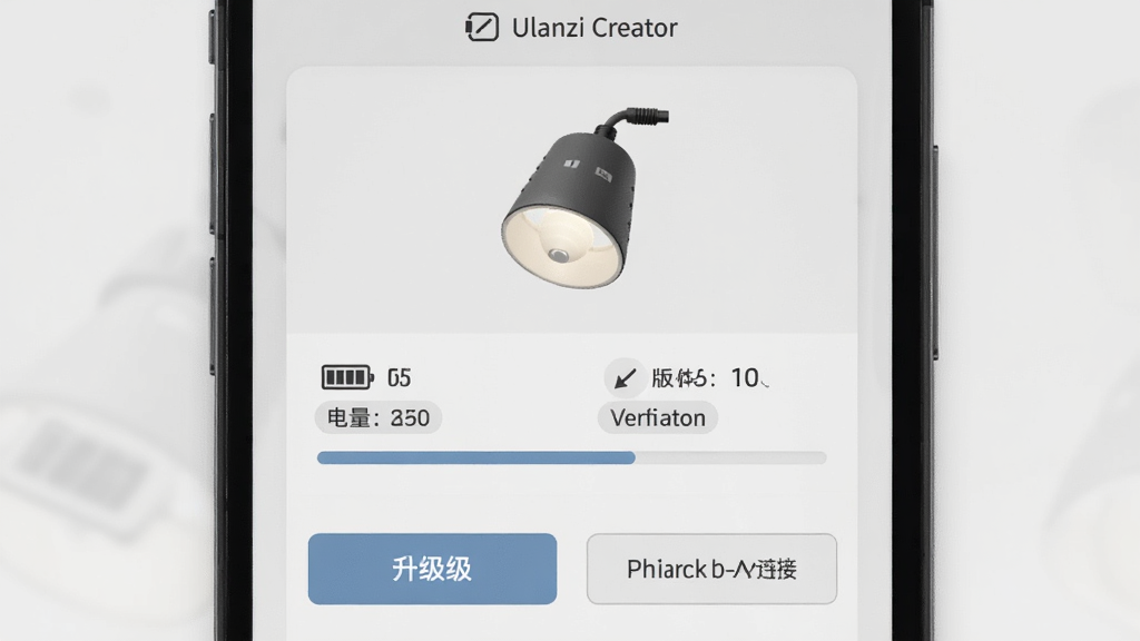 Ulanzi Creator 设备管理界面,主体为手机屏幕显示已连接灯具的详细信息面板,布局为顶部灯具渲染图、中部电量与固件版本信息条、底部升级按钮和断开连接按钮,排版规整,风格为简约商务浅灰质感,细节包含电池图标、版本号标签、进度条,画质清晰干净无多余元素,画面中文字标注