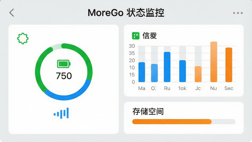 画面主体为MoreGo应用界面截图,展示设备状态监控面板,面板上有电量环形图、信号强度柱状图、存储空间进度条。布局为网格化排版,信息清晰。风格为现代仪表盘UI风格。细节上,电量图标显示绿色,信号图标显示蓝色,存储条显示橙色。画质高清,背景为浅灰色,画面中文字标注“MoreGo 状态监控”。