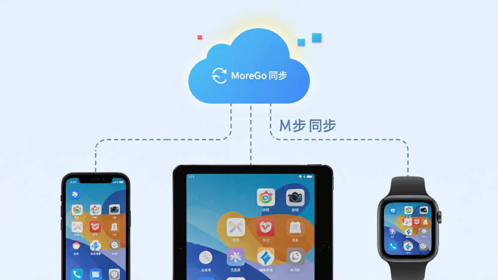 画面主体为云端图标位于上方,下方连接三部不同设备(手机、平板、手表),每部设备屏幕显示相同的个性化主题界面。布局为上下结构,云端居中。风格为扁平化科技插画。细节上,云端图标有光晕,连接线为虚线,设备屏幕显示统一的壁纸和图标排列。画质清晰,背景为淡蓝色,画面中文字标注“MoreGo 同步”。