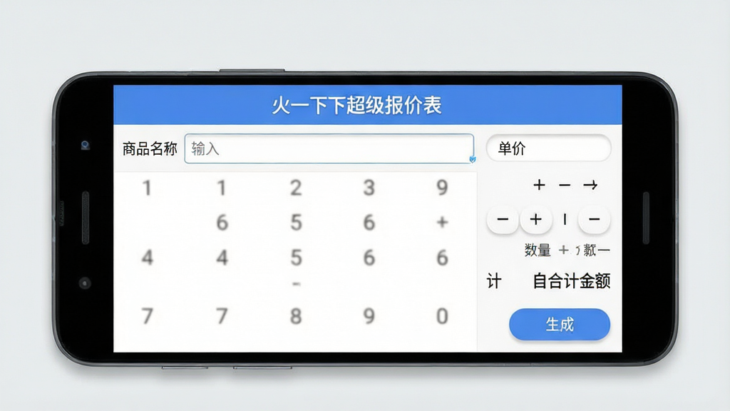 一张展示手机端快速生成报价单的界面示意图,主体是一部安卓手机,屏幕中显示“火一下超级报价表”的商品录入界面,包含商品名称输入框、单价数字键盘、数量加减按钮和自动合计金额,布局采用上下结构,上方为标题栏,中部为商品列表,下方为合计与生成按钮,风格为清爽的移动应用UI展示风,细节上按钮带有轻微圆角和阴影,背景为浅灰色,画质清晰干净,无多余元素