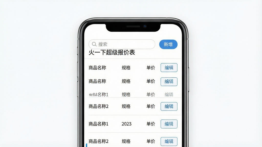 一张展示商品价格库管理功能的界面图,画面主体为一部手机,屏幕上显示“火一下超级报价表”的商品管理列表,列表中包含商品名称、规格、单价和编辑按钮,布局采用纵向列表式,顶部有搜索框和新增按钮,风格为简约商务风,细节上列表项之间有浅色分隔线,背景为白色,画质清晰干净,无多余元素