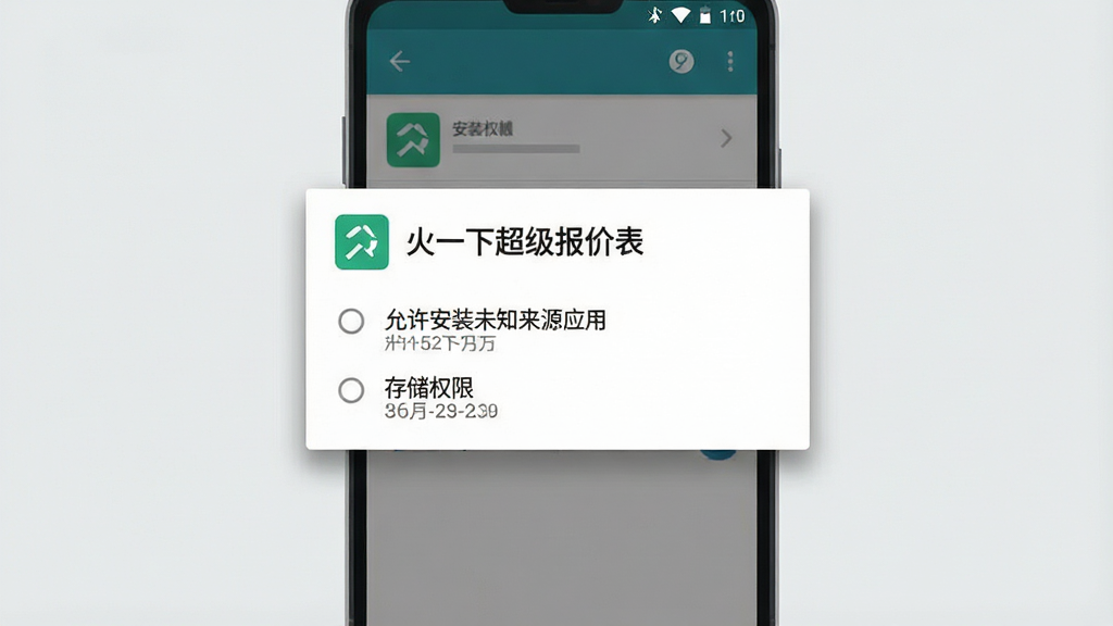 一张展示手机安装应用时权限设置界面的示意图,画面主体是一部安卓手机,屏幕显示“火一下超级报价表”的安装权限确认弹窗,包含“允许安装未知来源应用”和“存储权限”等选项,布局采用手机界面居中展示,风格为扁平化UI示意图,细节上弹窗带有轻微阴影,背景为浅灰色,画质清晰干净,无多余元素