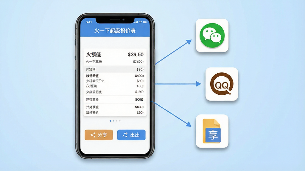 一张展示报价单分享导出流程的示意图,画面中央是一部手机,屏幕显示“火一下超级报价表”的报价单预览页面,页面下方有分享按钮和导出按钮,手机右侧延伸出微信、QQ、文件管理等多个分享目标图标,布局采用左右延展式,风格为扁平化插画风,细节上图标带有轻微投影,背景为浅蓝色渐变,画质清晰干净,无多余元素