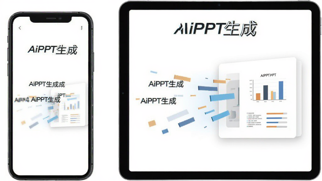 AiPPT生成软件功能界面展示,画面中一部智能手机与一台平板电脑并排显示,屏幕中呈现AI自动生成PPT的过程,文字与图表从左侧飞入右侧页面,背景为白色简洁风格,画质清晰,干净无多余元素,图片中文字为“AiPPT生成”