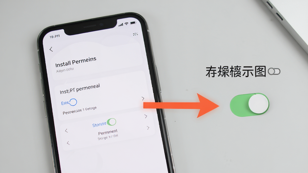 AiPPT生成新手操作示意图,画面中一部手机屏幕显示安装权限设置界面,旁边有箭头指向存储权限开关,背景为浅灰色桌面,风格简洁直观,画质干净,无多余元素