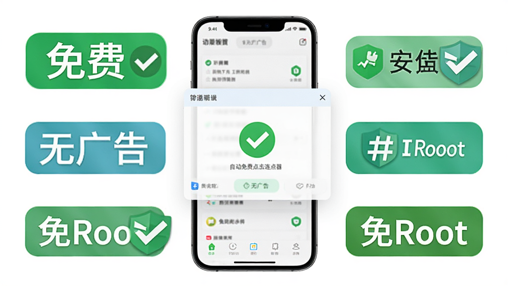 自动免费点击连点器宣传图,画面中央是手机和悬浮窗面板,周围环绕着“免费”“无广告”“免Root”等文字标签,布局为居中构图,风格为清新简约,细节包含绿色对勾图标和盾牌安全标志,画质高清,干净,无多余元素