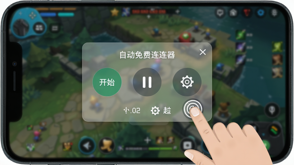 一张展示手机屏幕的图片,屏幕中央是自动免费点击连点器的悬浮控制面板,面板上有开始、暂停、设置等按钮,背景是模糊的游戏画面,排版简洁清晰,风格为科技感UI设计,细节包含半透明悬浮窗和手指点击图标,画质高清,干净,无多余元素