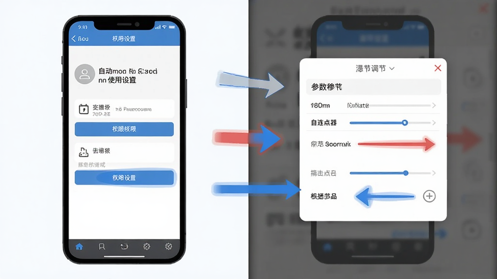 自动免费点击连点器使用教程示意图,画面分为左右两部分,左侧是手机权限设置界面,右侧是悬浮窗参数调节面板,布局为对比式排版,风格为扁平化教学插画,细节包含红蓝高亮标注和箭头指引,画质清晰,干净,无多余元素