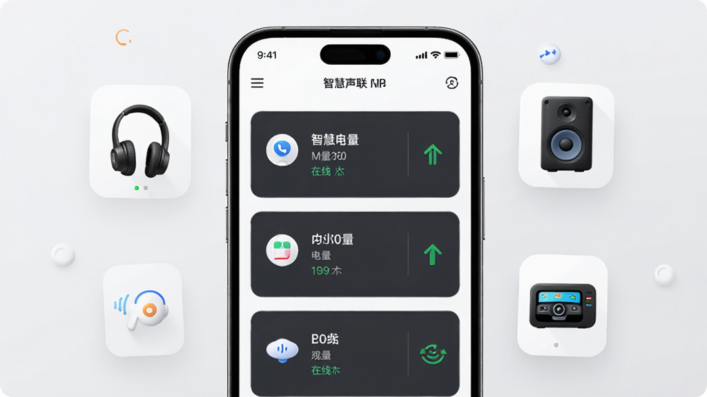 智慧声联多设备管理界面图,画面中一部手机屏幕显示智慧声联APP的设备列表页面,列表中有三台设备卡片,分别标注名称、电量和在线状态。手机周围漂浮着对应的耳机、音箱和车载设备小图标。布局采用居中构图,风格现代简约,细节丰富,画质高清,背景为浅灰色。