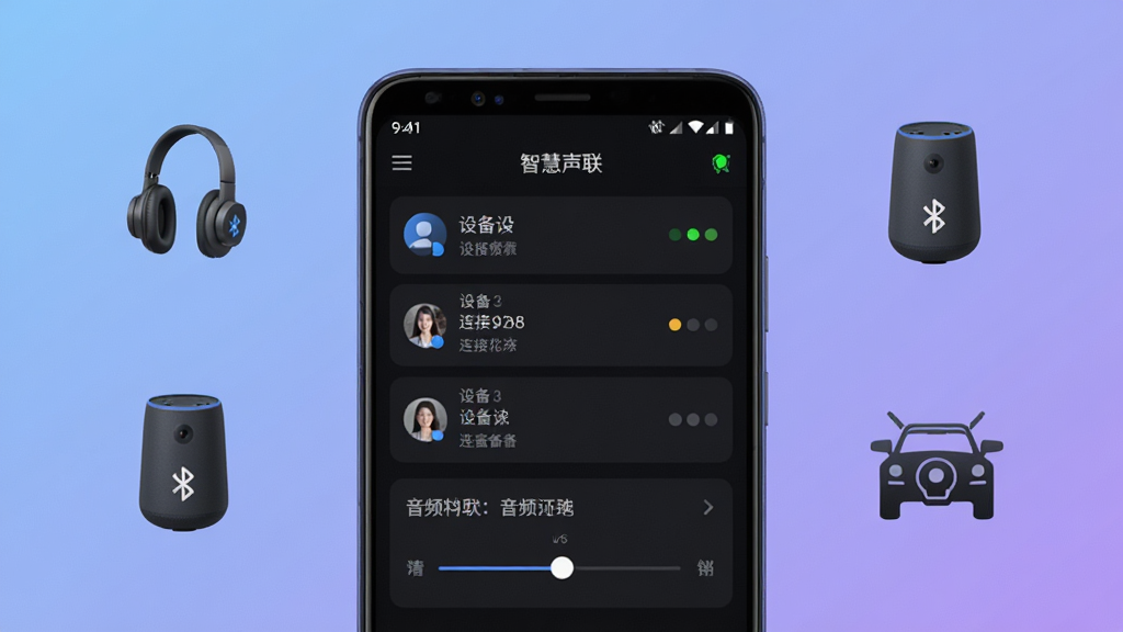 智慧声联软件主界面预览图,画面中央展示一部安卓手机,手机屏幕上显示智慧声联APP的深色主题界面,界面中有设备列表、连接状态指示灯和音频调节滑块。背景为柔和的蓝紫色渐变,周围环绕着蓝牙耳机、智能音箱和车载音频图标,整体风格科技感十足,布局居中对称,排版清晰有序,细节精致,画质高清,干净无多余元素。