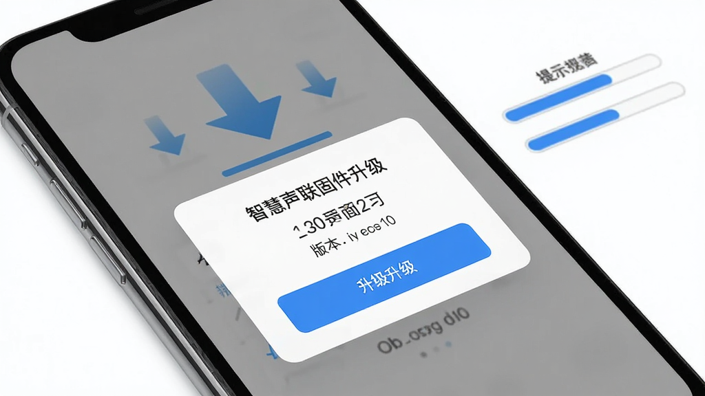 智慧声联固件升级提示图,画面中手机屏幕弹出固件更新弹窗,显示版本号和升级按钮,背景有下载箭头和进度条元素。布局简洁,风格清爽,细节清晰,画质高清,背景为白色。