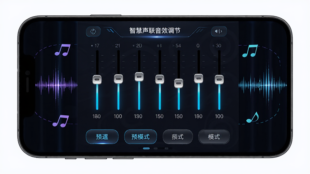 智慧声联音效调节界面图,画面展示手机屏幕上的均衡器调节面板,有多个频段滑块和预设模式按钮。背景为深色,滑块带有发光效果,周围有音符和声波图形装饰。布局居中,风格科技动感,细节精致,画质高清,干净无多余元素。