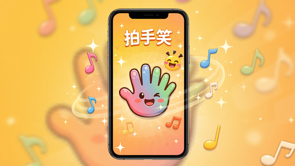 一款名为“拍手笑”的手机应用主界面展示,画面中央是一部竖屏智能手机,屏幕内显示彩色卡通手掌图标和笑脸元素,周围环绕音符与星光点缀,背景为明亮渐变的暖色调,整体布局简洁明快,风格活泼可爱,细节清晰,画质干净无多余元素