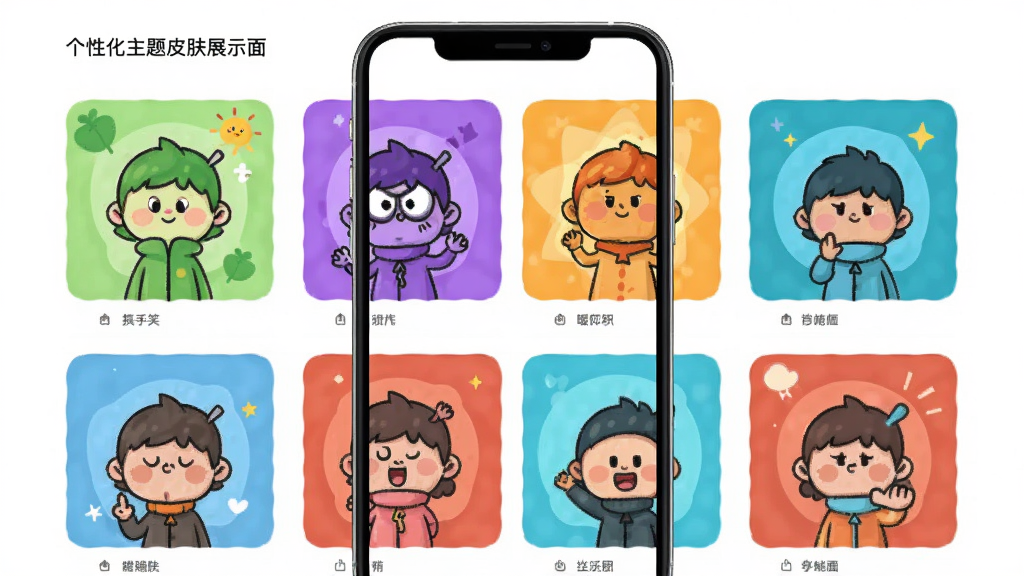 拍手笑应用个性化主题皮肤展示界面,手机屏幕内显示多款不同风格的卡通主题缩略图,包括清新绿色、魔性紫色、暖阳橙色等,布局为网格排列,风格时尚简约,细节清晰,画质干净无多余元素