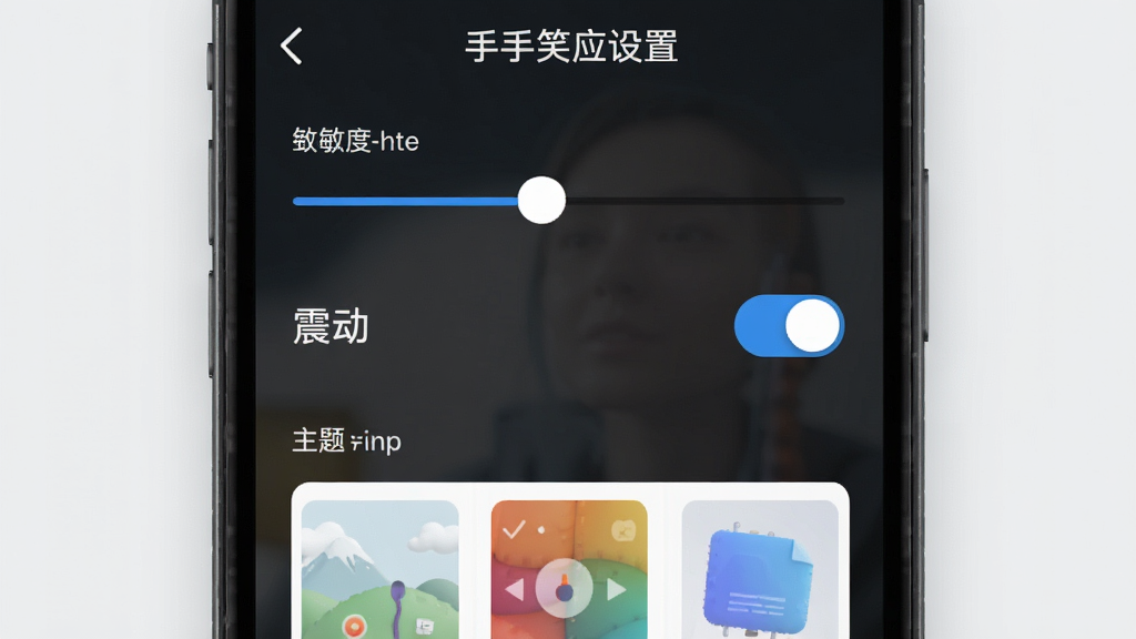 拍手笑应用设置界面截图,手机屏幕显示灵敏度滑块、震动开关、主题预览等选项,布局清晰功能分区明确,风格简洁现代,细节锐利,画质干净明亮无杂乱元素
