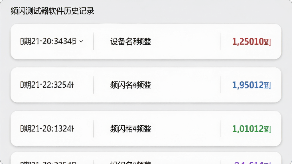 频闪测试器软件的历史记录页面,画面中展示着多条检测记录列表,每条记录包含日期、设备名称和频闪数值,界面采用卡片式布局,背景为浅灰色,风格为简约商务,细节包括记录卡片圆角设计、数值颜色区分、整体排版清晰,画质高清,干净,无多余元素