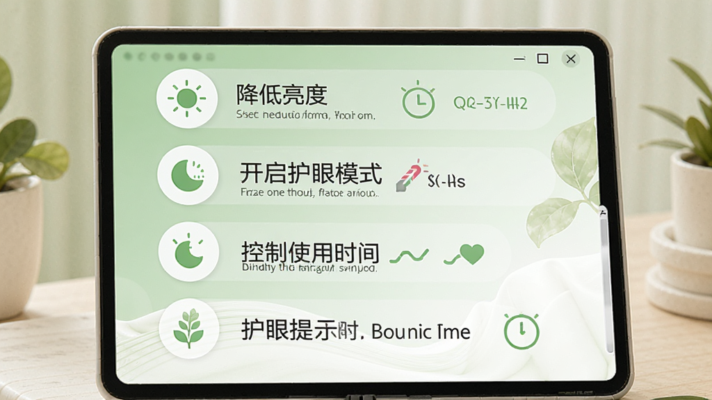 频闪测试器软件的护眼建议界面,画面中展示着一条条护眼提示文字和图标,包括降低亮度、开启护眼模式、控制使用时间等建议,背景为柔和的绿色与白色搭配,风格为清新健康,细节包括图标简洁、文字清晰、整体氛围温馨,画质高清,干净,无多余元素