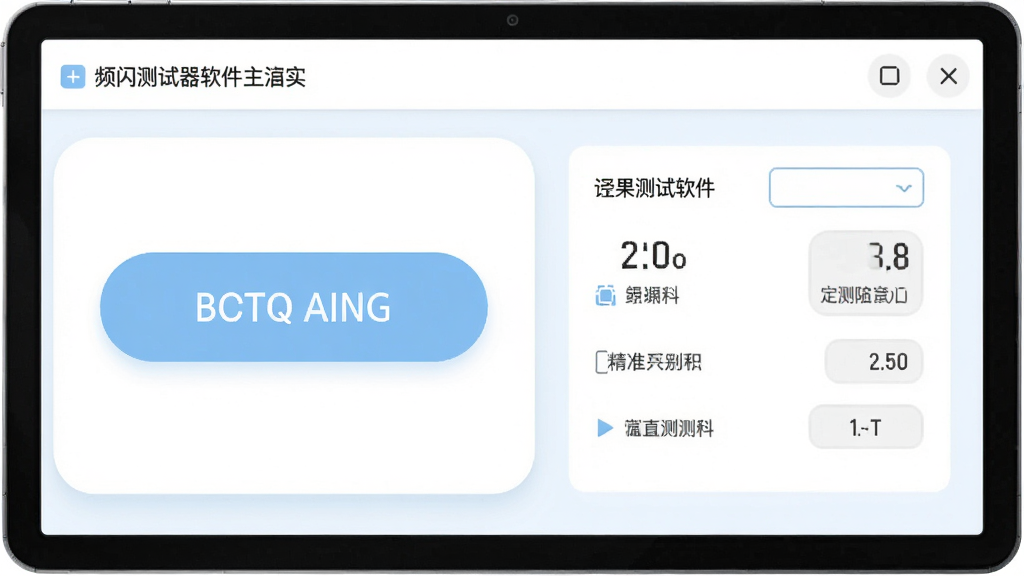 频闪测试器软件的主界面,画面中展示着一个大号的检测按钮和简洁的结果展示区域,界面采用白色与浅蓝色搭配,风格为极简清新,细节包括按钮圆润、字体清晰、整体布局留白充足,画质高清,干净,无多余元素