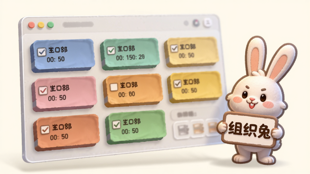画面主体为一块悬浮在半空中的半透明任务看板,看板上分三列排列着不同颜色的任务卡片,卡片上带有勾选框与时间标记,看板右侧站立一只卡通兔子形象,兔子手中拿着“组织兔”字样的标牌,背景为柔和的米白色,整体风格为轻拟物插画,细节上体现卡片厚度与光影变化,画质干净清晰,无杂乱背景元素