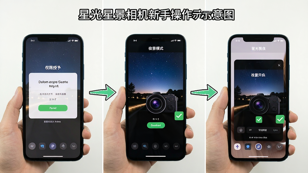 星光相机新手操作示意图,手机屏幕显示权限授予界面与夜景模式开启步骤,画面分为三步,风格简洁教程风,细节包括箭头指引与勾选标记,画质清晰,干净,无多余元素