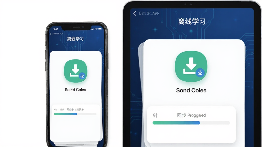 手机和平板并排展示保险从业资格APP的离线学习界面,屏幕上有下载完成图标和同步进度条,背景为深蓝色科技感渐变,图标简洁现代,扁平化设计风格,高清画质,无多余元素