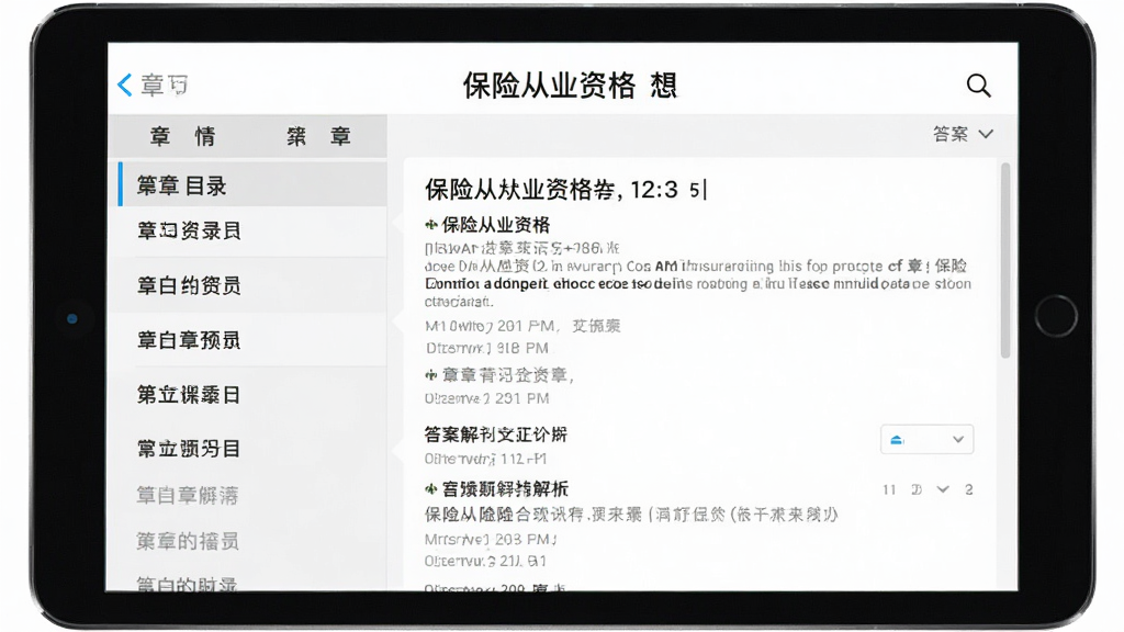 平板电脑屏幕上显示保险从业资格APP的章节练习页面,左侧为章节目录列表,右侧为题目和答案解析区域,页面顶部有保险从业资格字样,背景为白色和浅灰色搭配,界面清晰专业,扁平化UI风格,高清画质,干净无多余元素