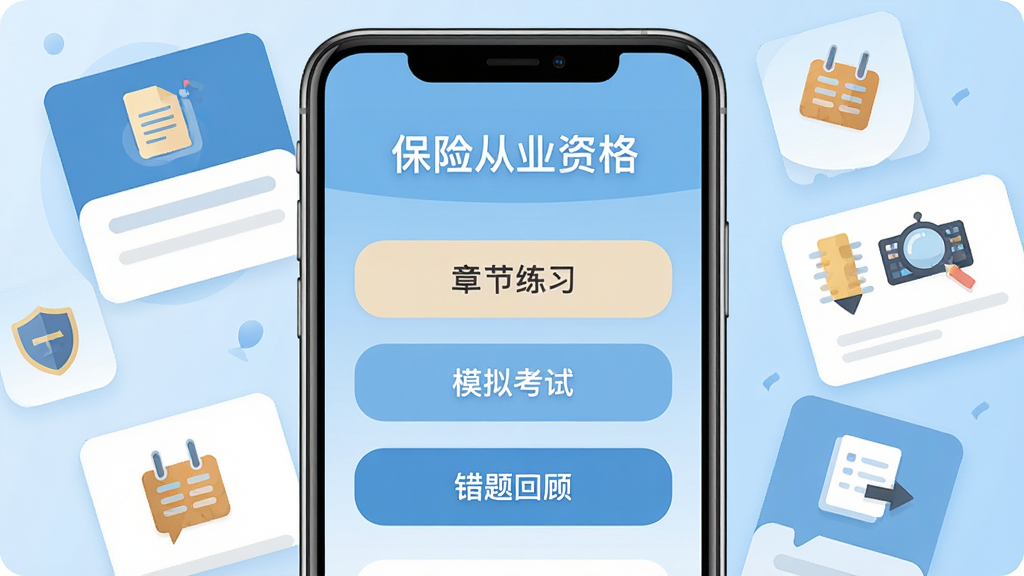 手机屏幕中央展示保险从业资格APP主界面,顶部标题栏写着保险从业资格,下方排列章节练习模拟考试错题回顾三个功能入口按钮,背景为浅蓝色渐变,四周环绕保险知识卡片和答题图标,扁平化设计风格,画面干净整洁,高清画质,无多余元素