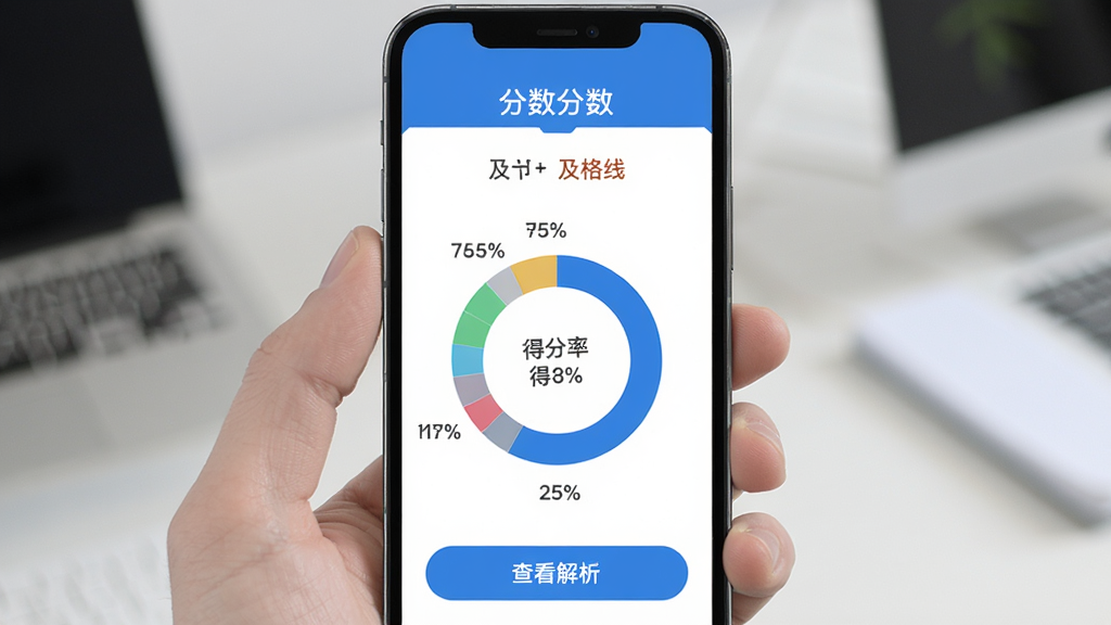 手机界面展示保险从业资格APP的模拟考试成绩报告页面,顶部显示分数和及格线,下方用环形图展示各章节得分率,底部有查看解析按钮,整体配色为蓝色和白色,数据可视化图表清晰,扁平化设计风格,高清画质,无多余元素