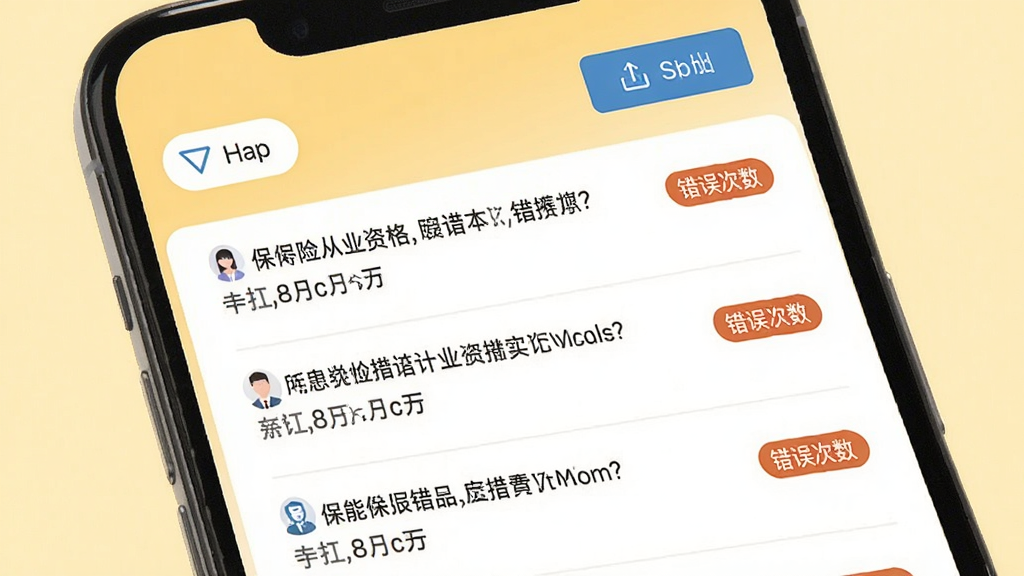 手机屏幕展示保险从业资格APP的错题本页面,列表显示多道错题及错误次数标签,顶部有筛选和导出按钮,背景为浅黄色护眼色调,界面简洁易读,扁平化设计风格,高清画质,干净无多余元素