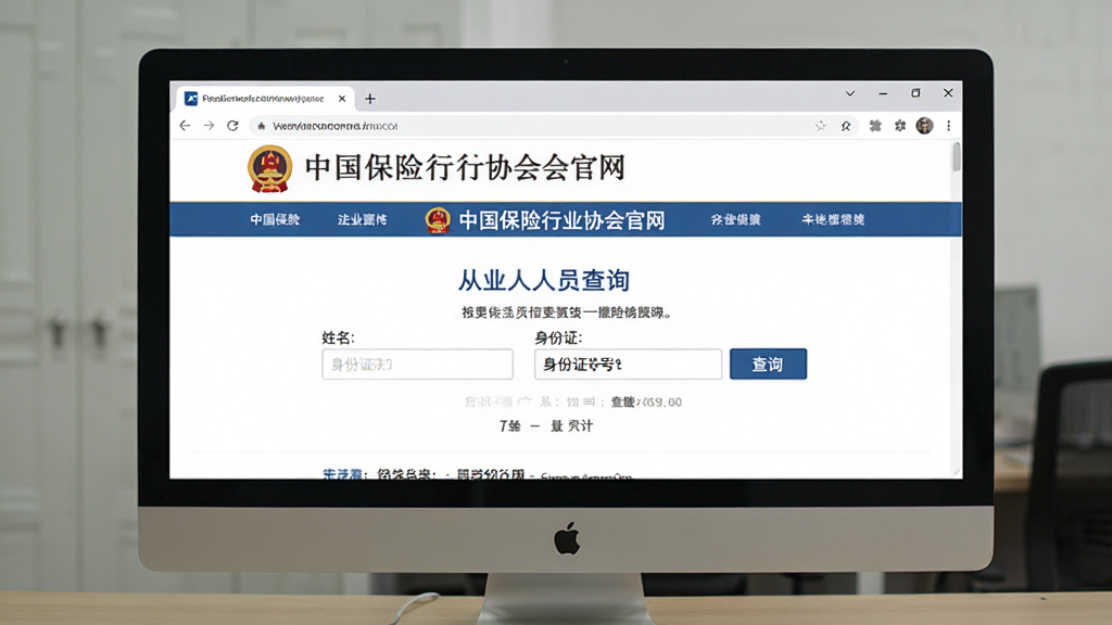 电脑浏览器打开中国保险行业协会官网的从业人员查询页面,页面中央有姓名和身份证号输入框以及查询按钮,背景为白色网页界面,简洁正式的政府网站风格,高清画质,无多余元素