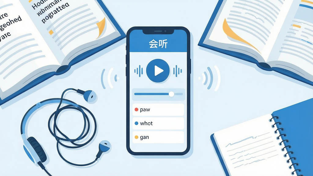 一张展示英语学习场景的图片,画面中央放置一部智能手机,手机屏幕上显示“会听”APP的听力练习界面,界面中有播放按钮、进度条和单词列表。手机周围散落着英语课本、耳机和笔记本,背景是简洁的书桌环境。整体风格清新明亮,采用扁平化插画风格,色彩以蓝色和白色为主,细节包括耳机线缠绕、书本翻开的页角、屏幕上的声波图标。画质清晰,干净整洁,无多余元素。