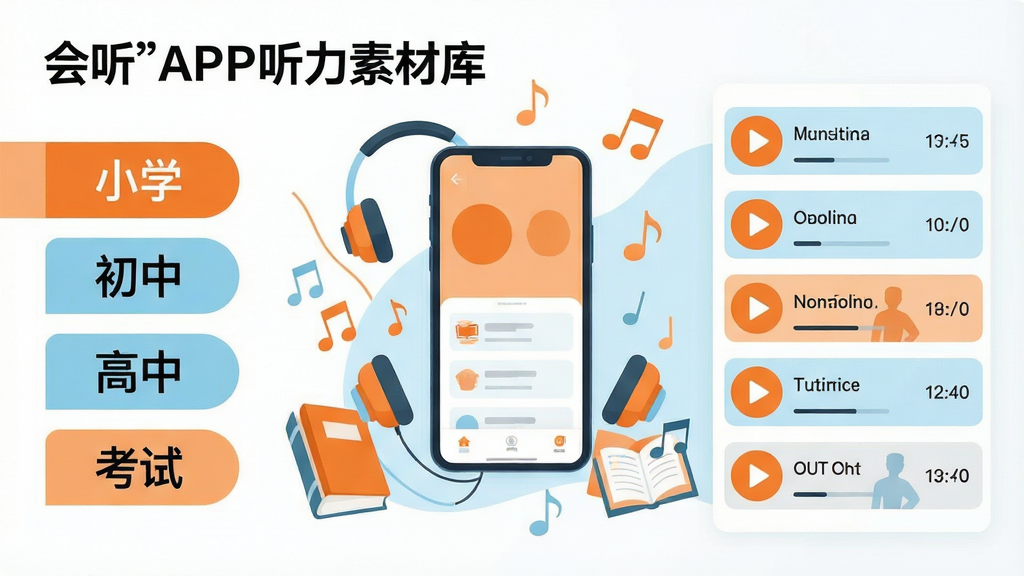 一张以“会听”APP听力素材库为主题的图片,画面左侧展示分类标签如“小学”“初中”“高中”“考试”,右侧展示音频列表,每条音频带有播放图标和时长。手机屏幕悬浮在画面中央,周围环绕着耳机、音符和书本元素。风格为现代扁平插画,色彩以橙色和浅蓝色为主,背景干净。画质高清,无多余装饰。
