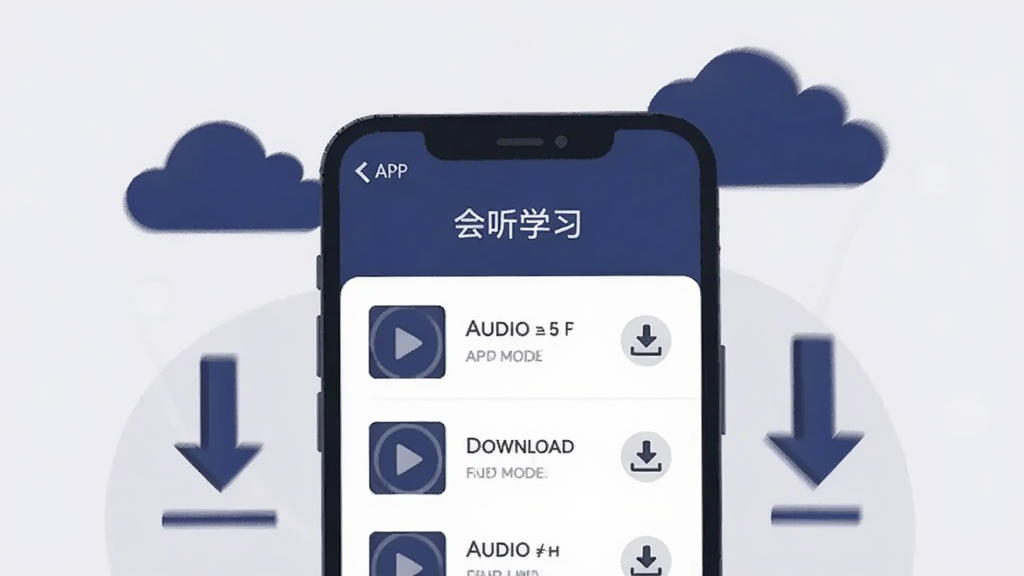 一张以“会听”APP离线学习为主题的图片,画面展示一部手机处于飞行模式或离线状态,屏幕上显示已下载的音频列表和下载完成图标。手机周围有云朵和下载箭头元素,背景是柔和的浅灰色。风格为简约扁平插画,色彩以深蓝和白色为主。画质清晰,干净整洁,无多余元素。