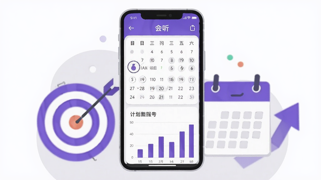 一张展示“会听”APP学习计划与统计报告的图片,画面中央是一部手机,屏幕显示日历打卡记录和柱状图统计。手机旁边有目标靶心、日历和上升箭头等元素。风格为商务简约插画,色彩以紫色和浅灰色为主,背景干净。画质高清,无多余装饰。