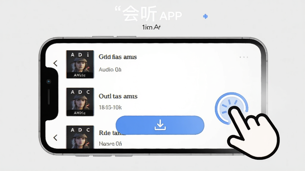 一张展示“会听”APP离线下载操作步骤的图片,画面为手机屏幕截图风格,显示音频列表和下载按钮,旁边有手指点击的图标。背景为浅灰色,风格简洁。画质清晰,无多余元素。