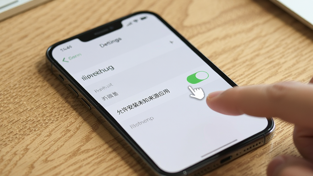 一张展示手机设置界面的图片,界面中突出显示“允许安装未知来源应用”的开关按钮,旁边有手指点击的示意,背景为浅色,手机放置在桌面上,整体风格清晰直观,画质清晰,干净无多余元素