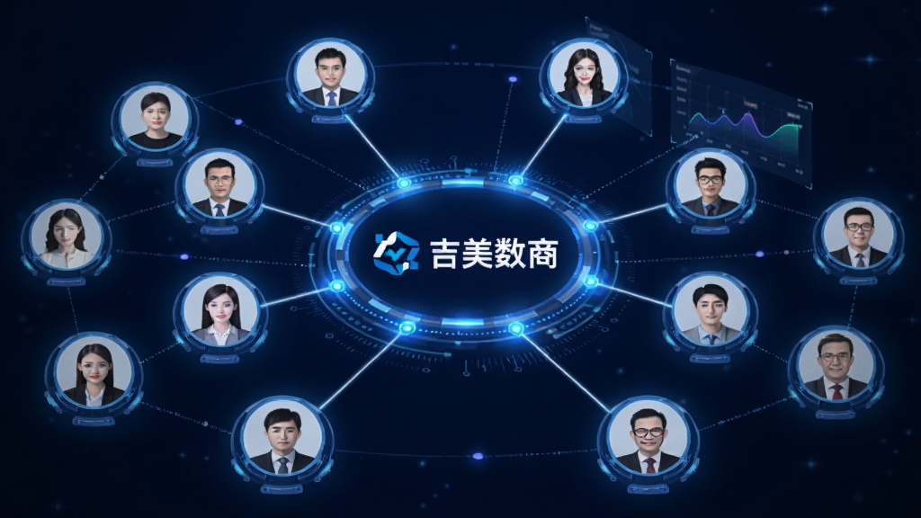 画面展示一个发光的圆形客户关系网络图,中心是“吉美数商”的标识,周围连接着多个代表不同客户的头像图标,头像之间用发光线条连接,背景为深蓝色渐变,风格为科技数据可视化,细节精致,画质高清,无多余装饰。