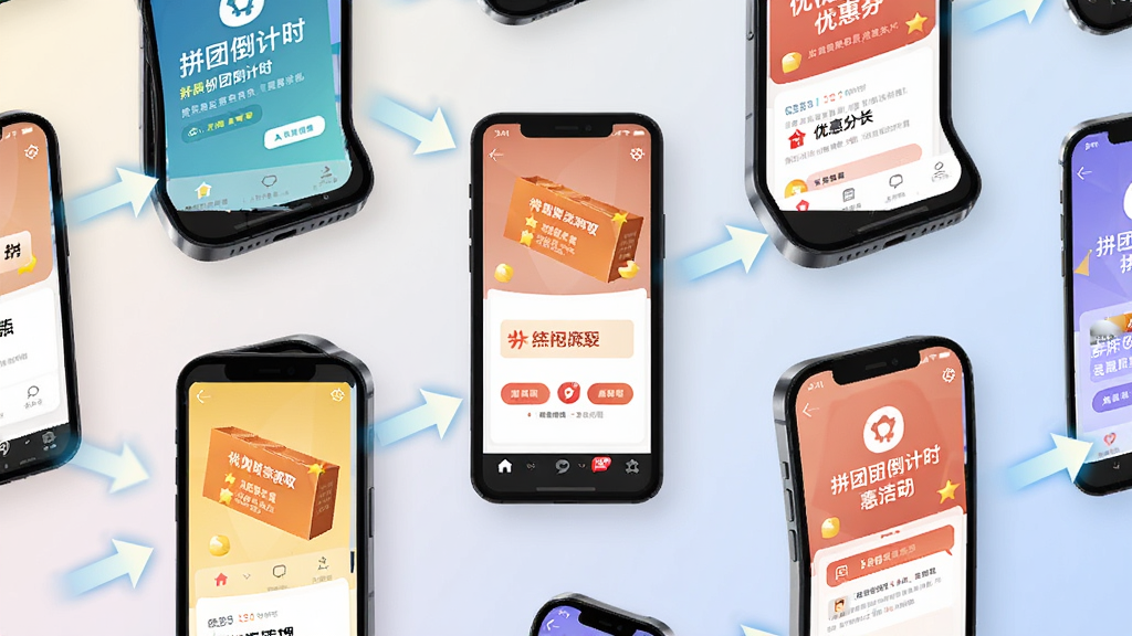画面中多部手机环绕排列,每部手机屏幕上都展示着不同的营销活动页面,如拼团倒计时、优惠券领取界面等,手机之间用光效箭头连接,背景为浅色渐变,风格为现代移动互联网插画,画质清晰,元素布局整齐。