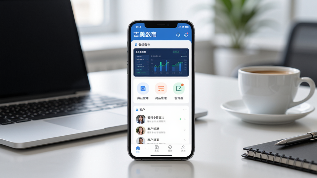 画面中央是一部智能手机,手机屏幕上清晰展示着“吉美数商”应用的主界面,界面布局包含数据看板、商品管理图标和客户列表,背景是简洁的现代办公室桌面,桌上放着一台笔记本电脑和一杯咖啡,整体风格为写实商务风,光线明亮柔和,细节丰富,画质清晰,画面干净无多余元素。
