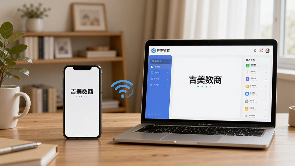一部手机和一台笔记本电脑并排放在木质桌面上,两者屏幕上都显示着“吉美数商”的协同工作界面,屏幕之间有无线同步的图标示意,背景是温馨的居家办公角落,风格为写实生活风,光线自然,画质清晰,无杂乱物品。